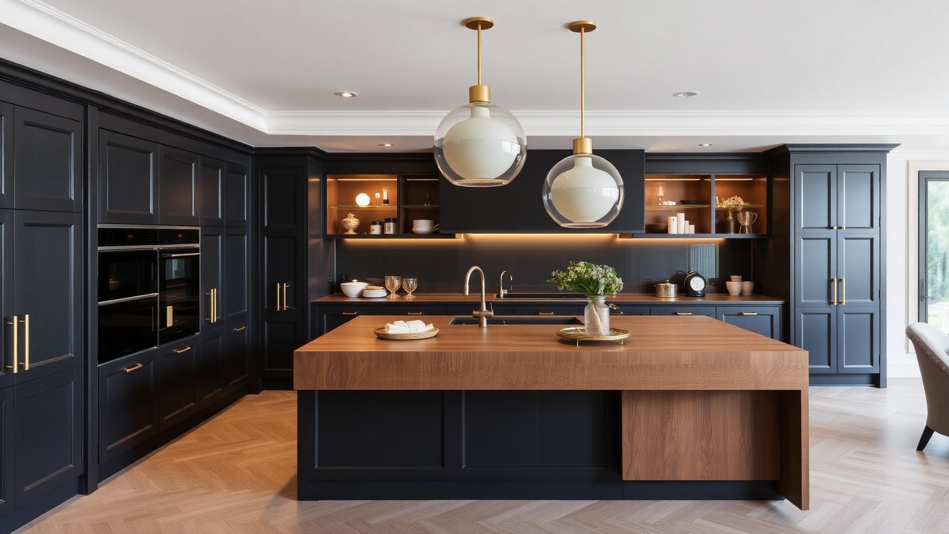 Custom built dark kitchen with wood island